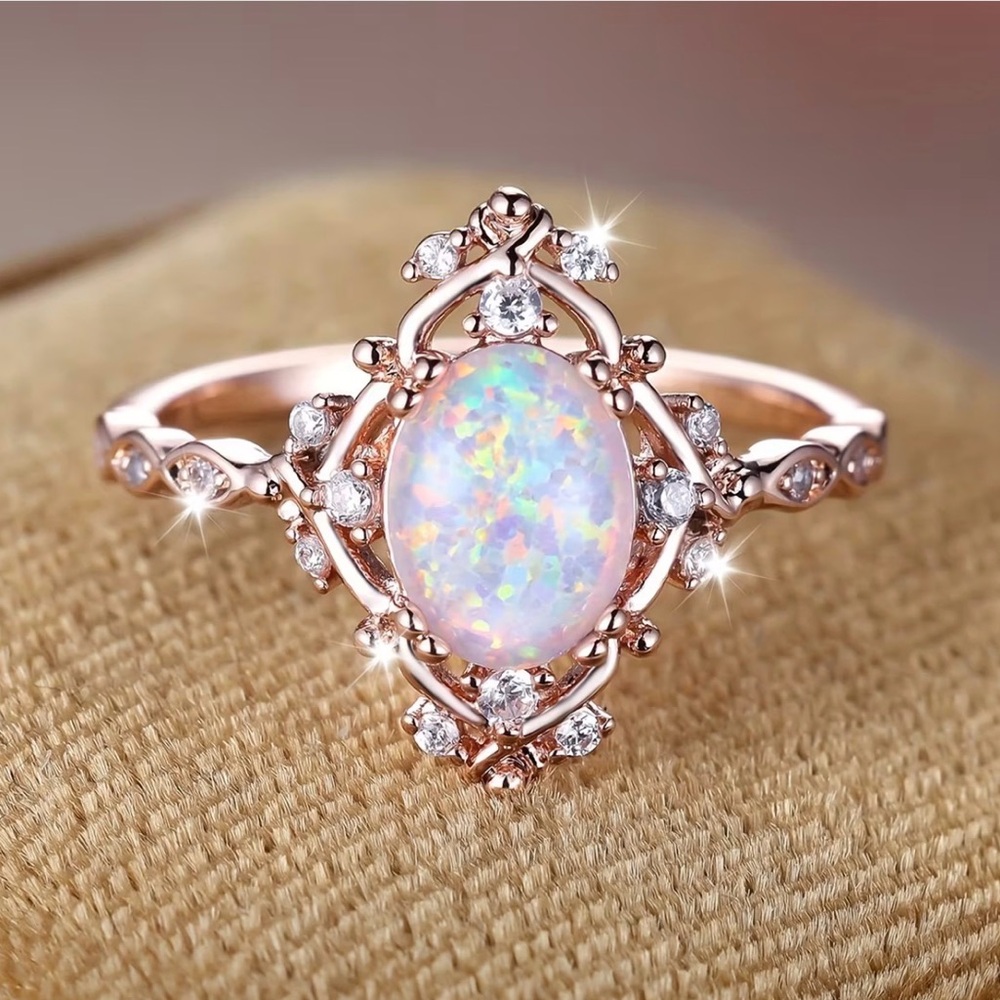 Boho-Chic Rose Golden  Ring with White Oval Opal - Perfect for Gifts Size 10